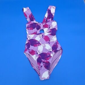 NWOT Mynah Purple Floral Abstract 1-PC Keyhole Swimsuit 121003 XS Extra Small‎